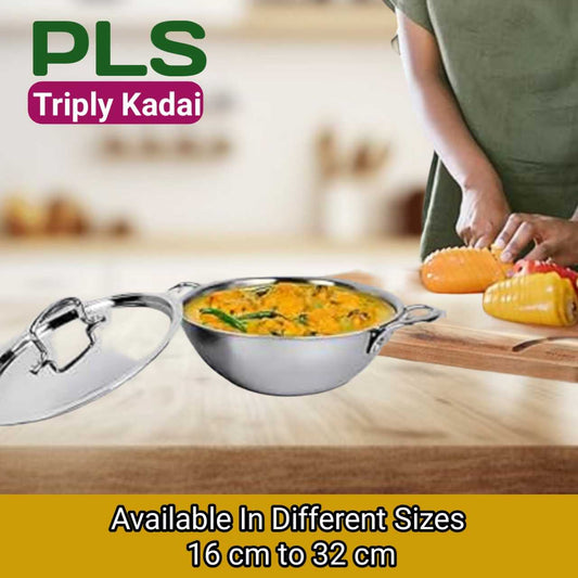 PLS Triply Kadai With Induction Base, ideal for even cooking, available in sizes from 16 cm to 32 cm. Perfect for any kitchen.