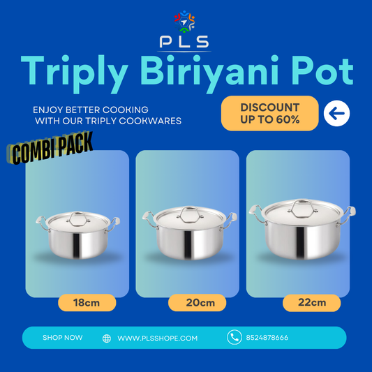 PLS Triply Casserole/Biriyani Pot With Lid Combi Offer (18/20/22cm)