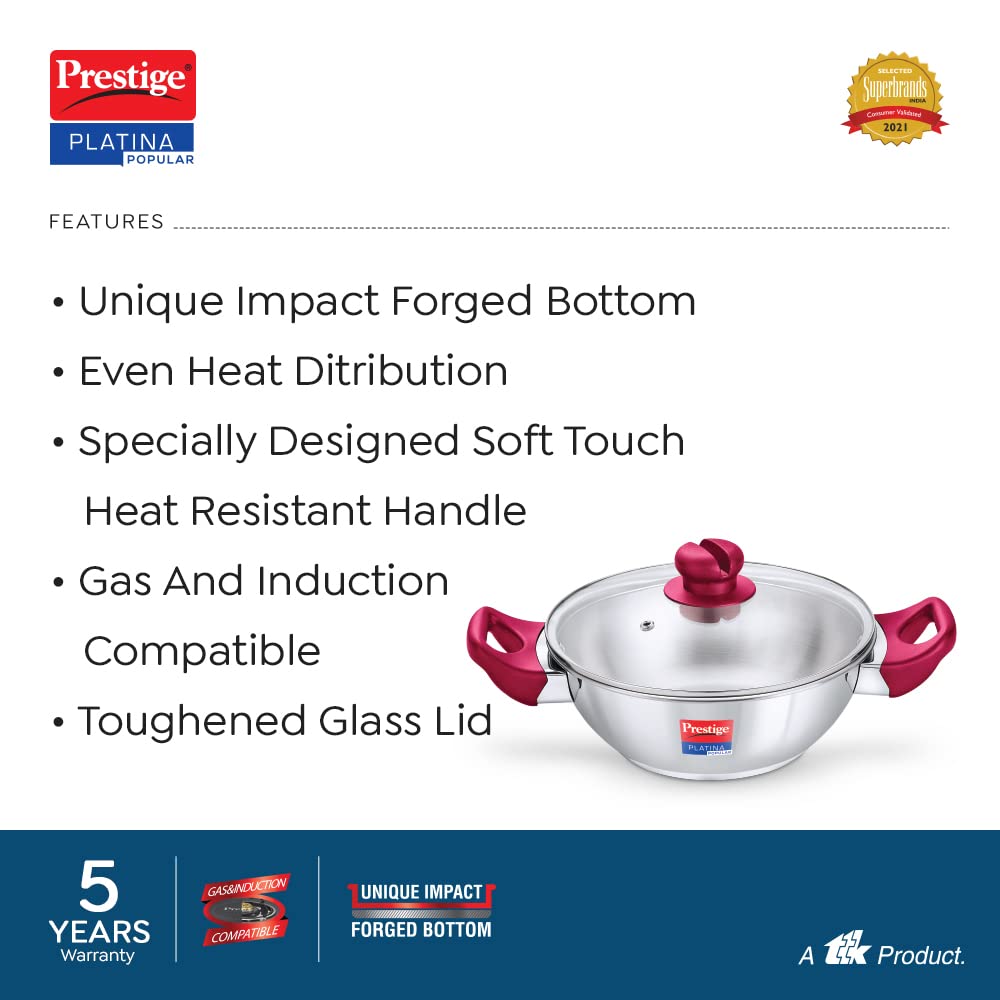 Prestige Platina Popular Stainless Steel Gas and Induction Compatible Kadai with Glass Lid