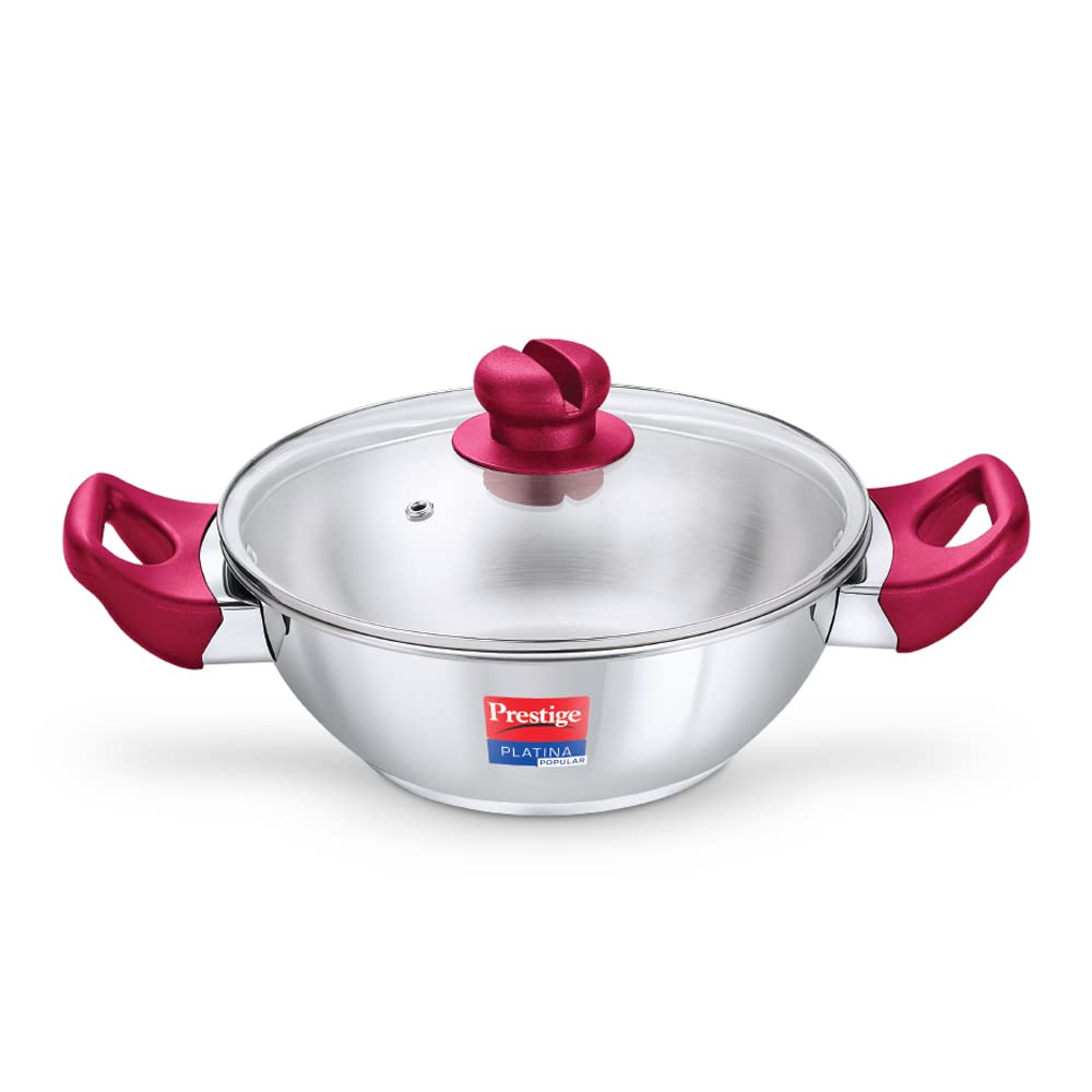 Prestige Platina Popular Stainless Steel Gas and Induction Compatible Kadai with Glass Lid