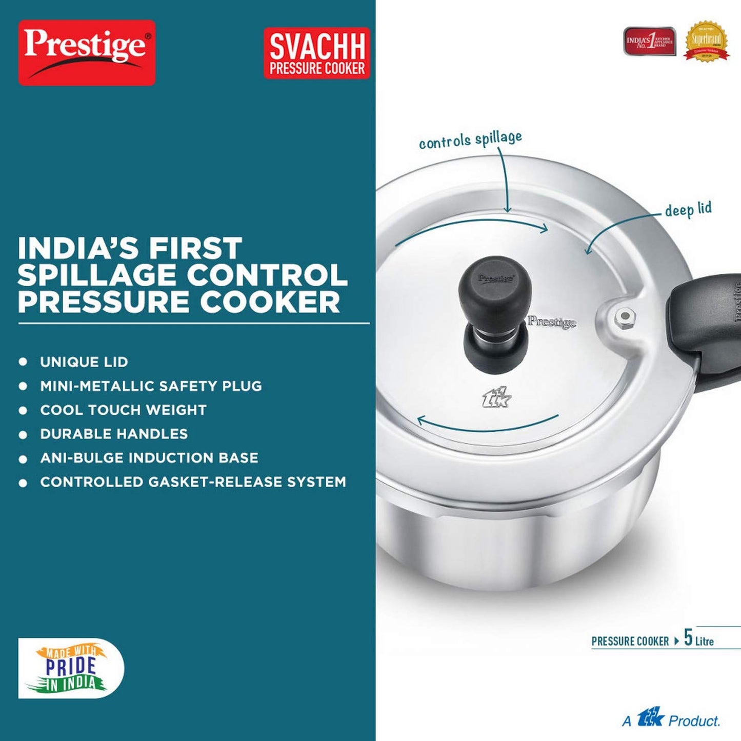 Prestige Svachh Aluminium Pressure Cooker 5 Ltr