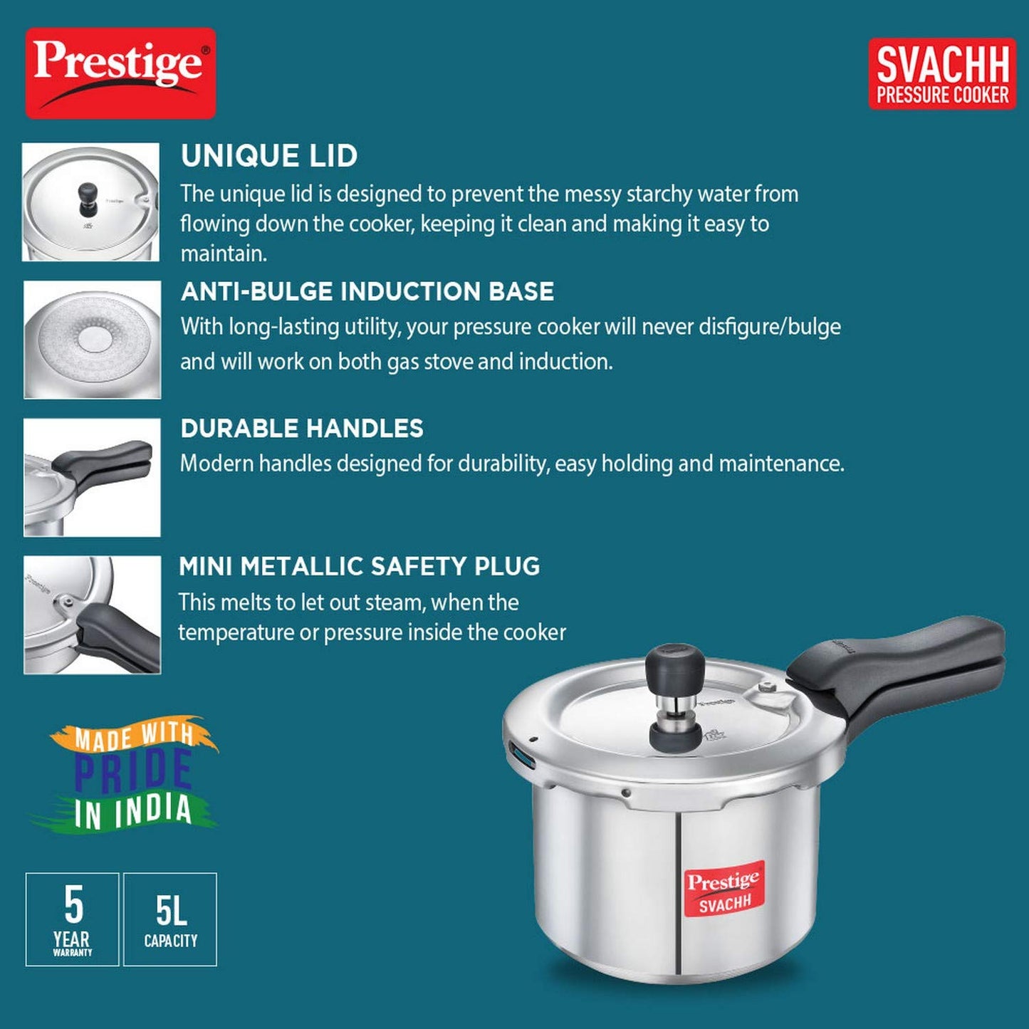 Prestige Svachh Aluminium Pressure Cooker 5 Ltr