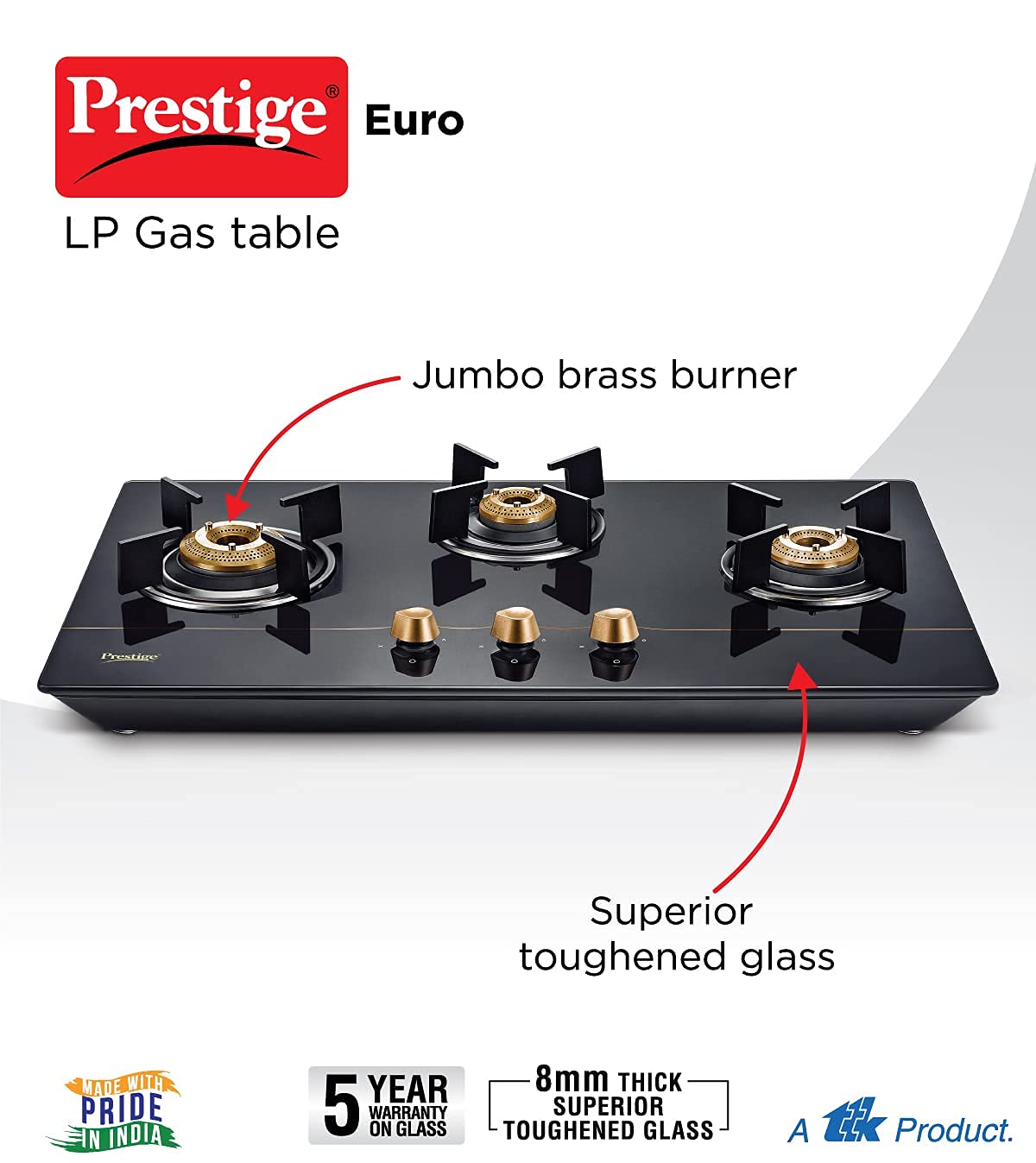 Prestige Euro Glass Top Gas Stove With Toughened Glass Top, Powder Coated Body, 3 Burners