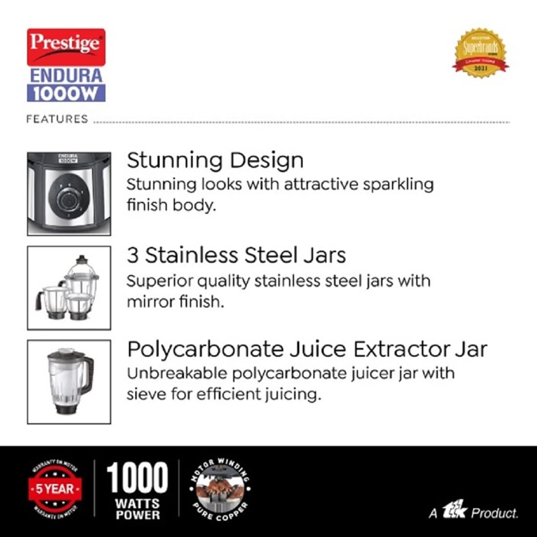 Prestige Endura 1000 Watts Mixer Grinder, 6 Jars