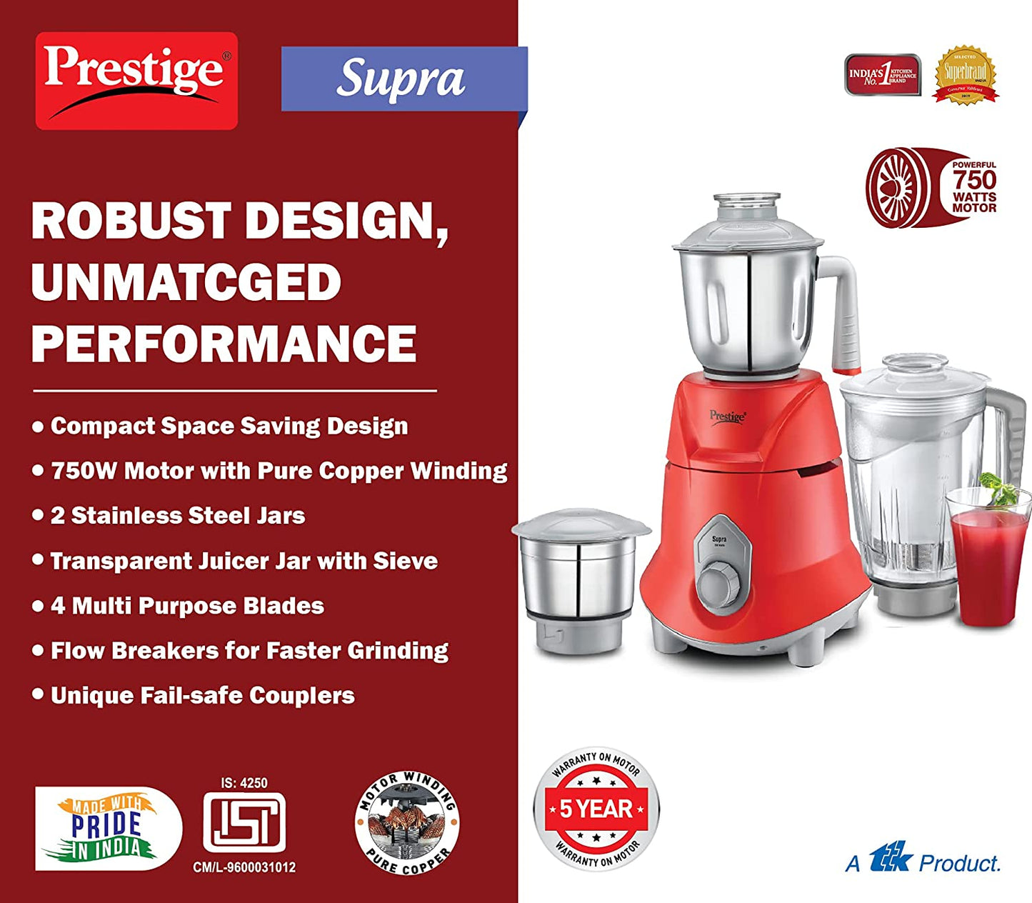 Prestige Supra 750 Watts Mixer Grinder