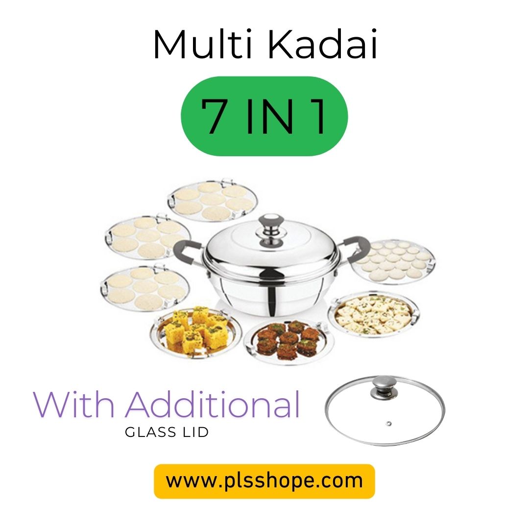 Effortlessly prepare various dishes with PLS 7 In 1 Multi Kadai With 2 Lids, perfect for steaming and cooking.