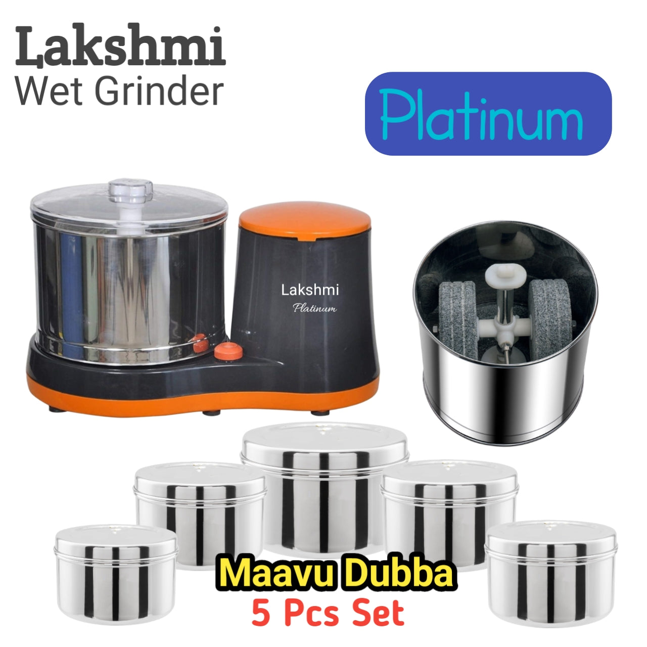 Lakshmi Platinum Table Top Wet Grinder With Maavu Dubba 5 Pcs Set