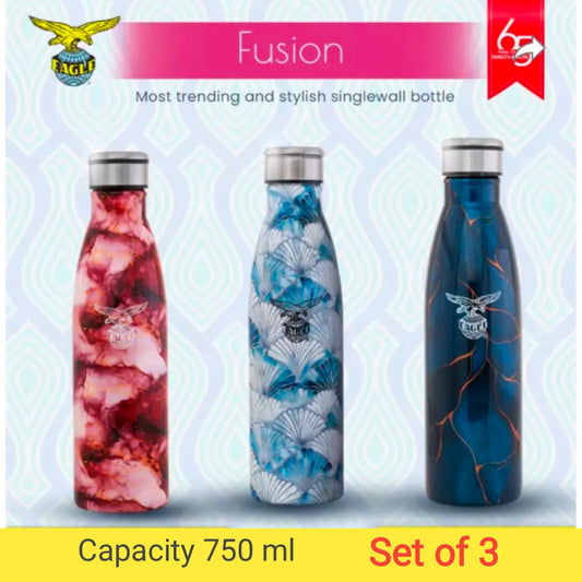 Eagle Fusion Stainless Steel Single wall Printed Water Bottle 750ml, Set of 3