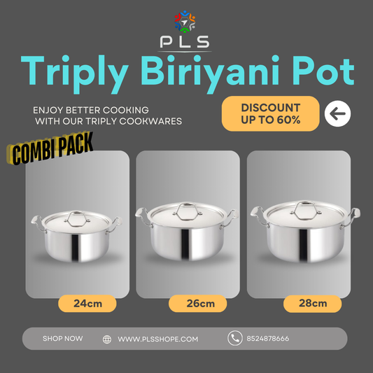 PLS Triply Casserole/Biriyani Pot With Lid Combi Offer (24/26/28cm)