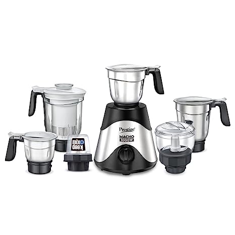 Prestige Macho 1000W Mixer Grinder with 6 Jars, Black & Silver