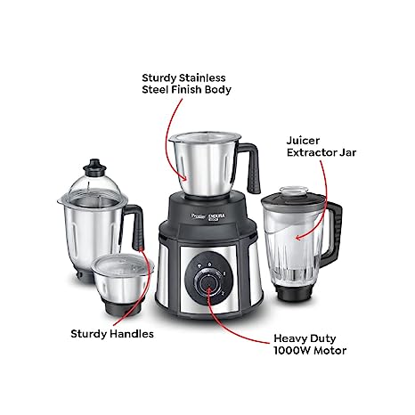 Prestige Endura 1000W Mixer Grinder with Stainless Steel 4 Jars, Black & Silver