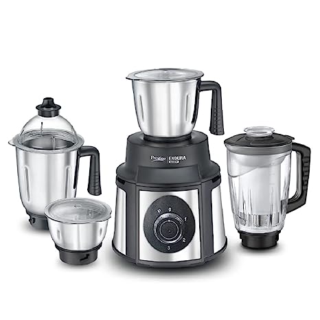 Prestige Endura 1000W Mixer Grinder with Stainless Steel 4 Jars, Black & Silver