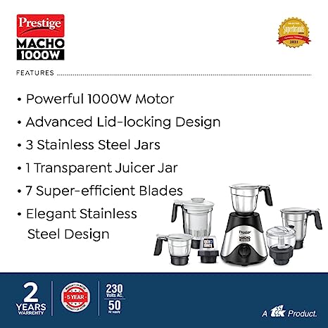 Prestige Macho 1000W Mixer Grinder with 6 Jars, Black & Silver