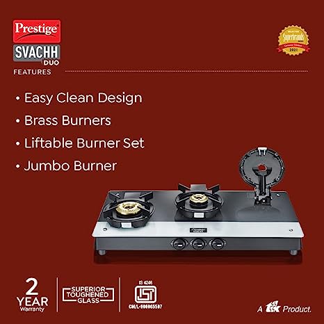 Prestige Svachh Duo Glass Top Gas Stove 3B With Liftable Burners