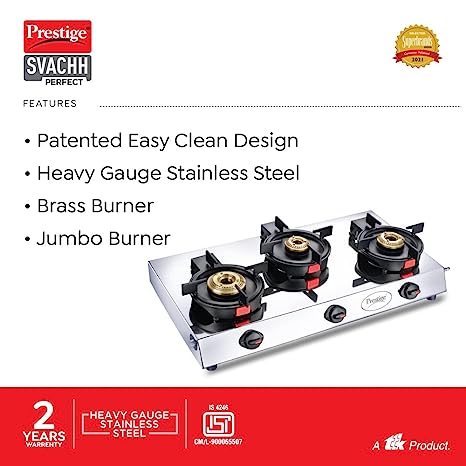 Prestige Svachh Perfect Stainless Steel Auto Ignition Gas Stove 3B, With Liftable Burners