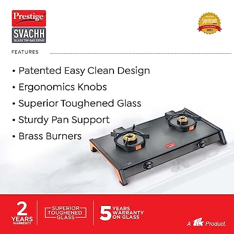 Prestige Svachh Glass Top Gas Stove (2 Burners) with Liftable Burners - GTSB-02