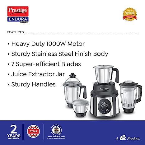 Prestige Endura 1000W Mixer Grinder with Stainless Steel 4 Jars, Black & Silver