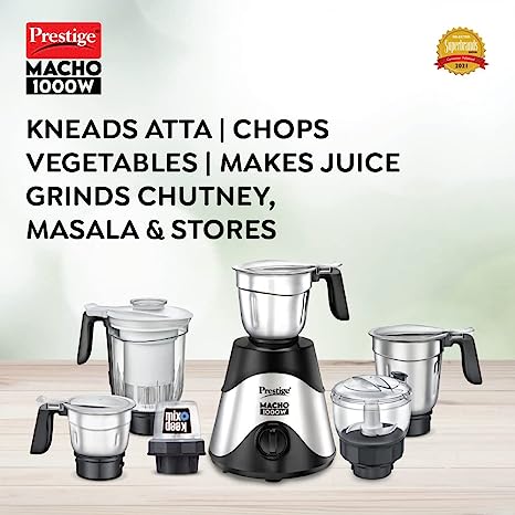 Prestige Macho 1000W Mixer Grinder with 6 Jars, Black & Silver