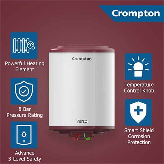 Crompton Versa Aswh-3510 10 L 5 Star Rates Storage Wall Water Heater(Geyser) With Free Installation (Superior Glasslined Technology, White, Maroon)