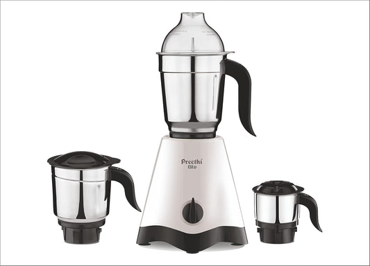 Preethi Elite  Mixer Grinder, 600 Watt, White-Black, 3 Jars, 2Yr Warranty & Lifelong Free Service