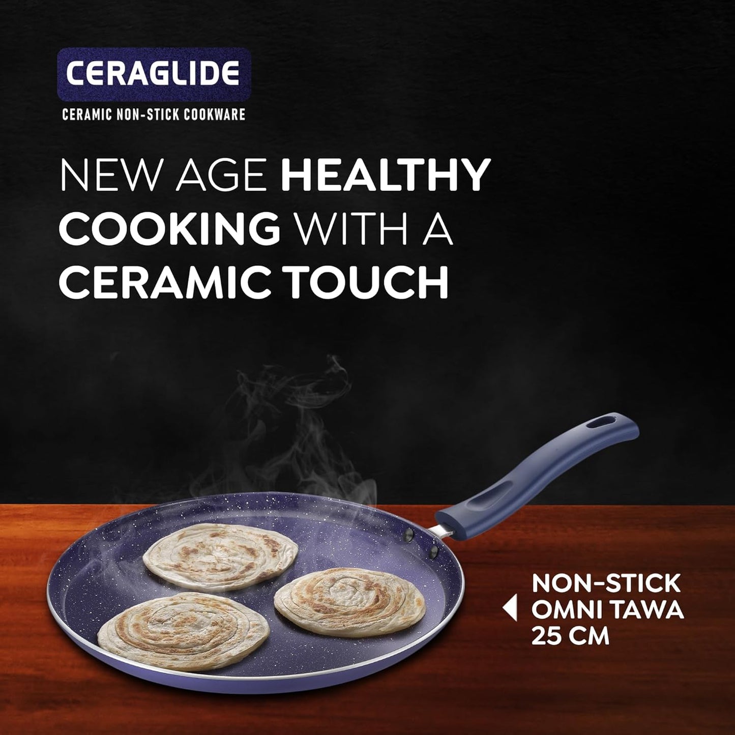 Prestige Ceraglide Ceramic Coated 25cm Non-Stick Omni tawa | Consumes Less Oil | Preferred for High Heating & Even Heating | Stain-Resistant | Gas & Induction Compatible