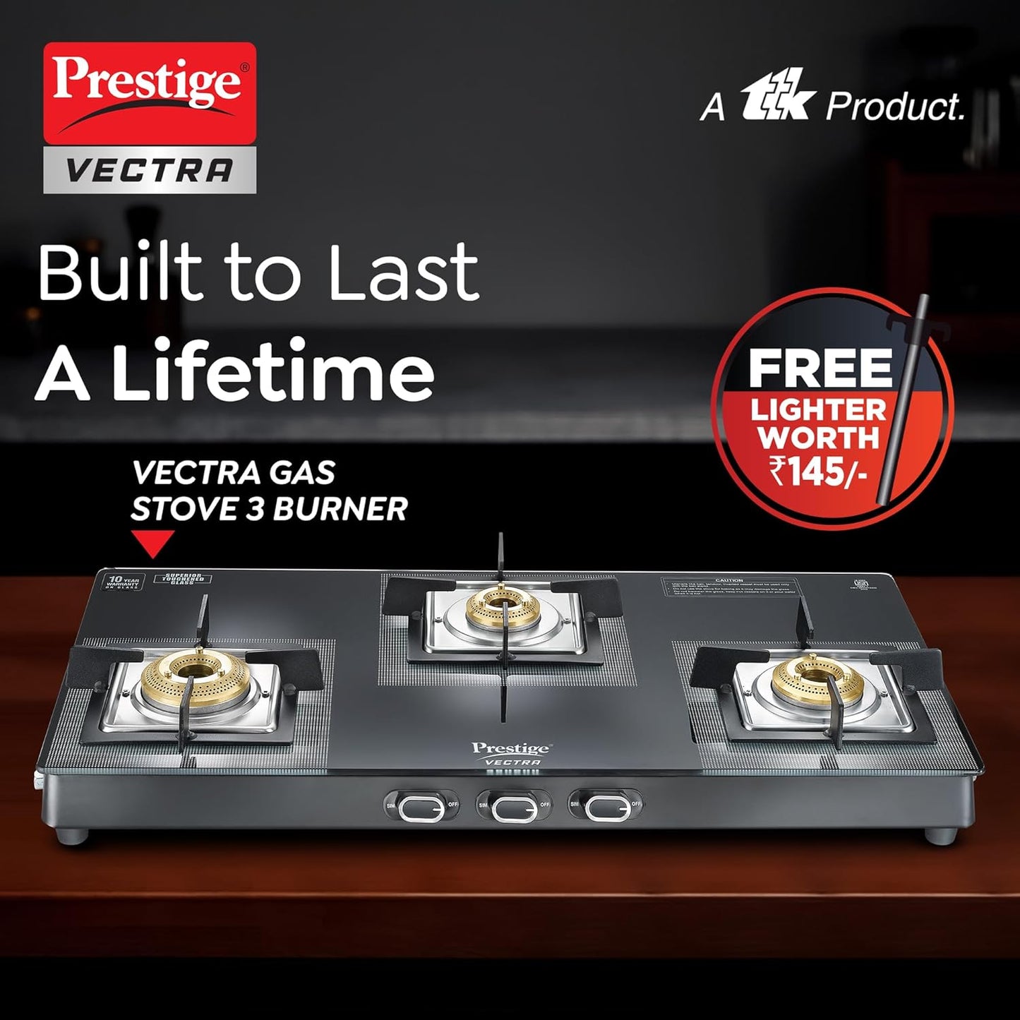 Prestige Vectra 3 Burner Glass Top Gas Stove