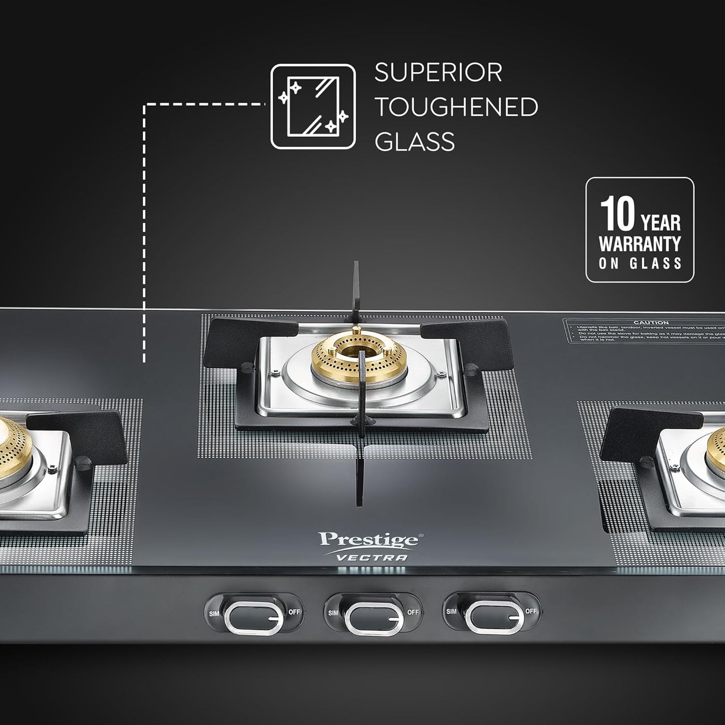 Prestige Vectra 3 Burner Glass Top Gas Stove