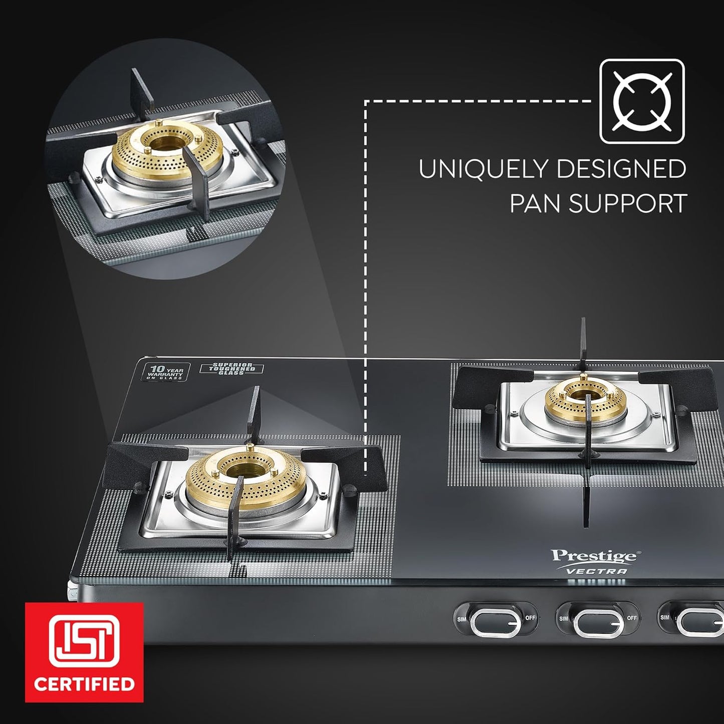 Prestige Vectra 3 Burner Glass Top Gas Stove