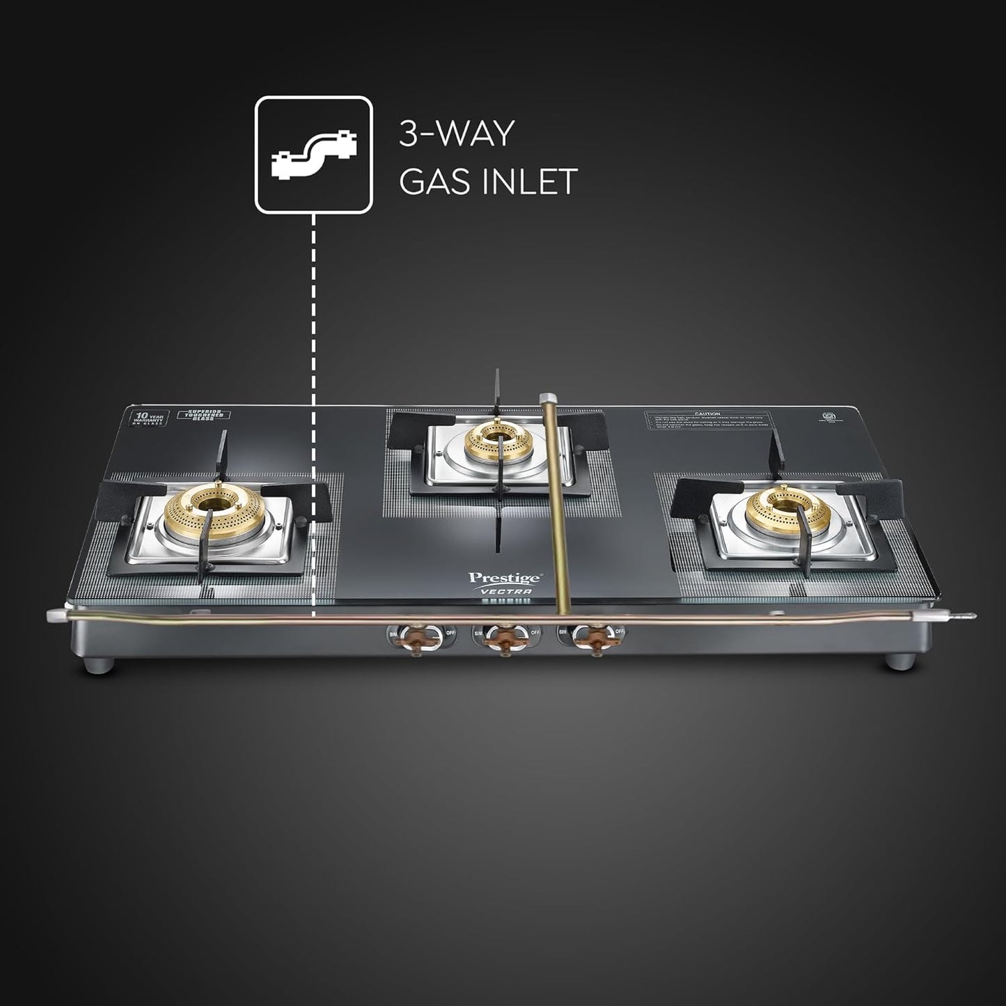 Prestige Vectra 3 Burner Glass Top Gas Stove