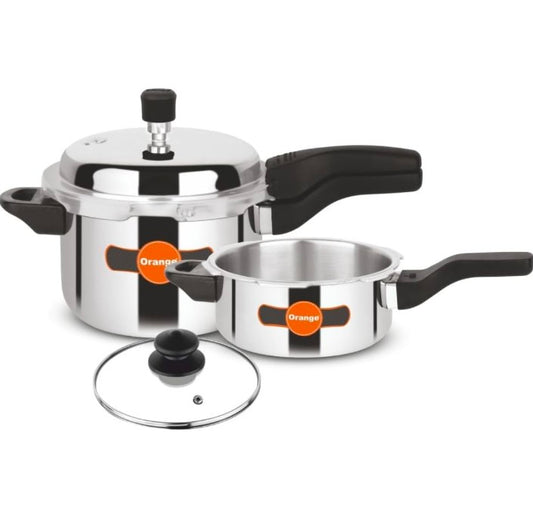 Orange Triply Stainless Steel Outer Lid Pressure Cooker Combo Set of 2 with glass lid,3+2L | Induction Friendly | 5 Year Warranty | Silver