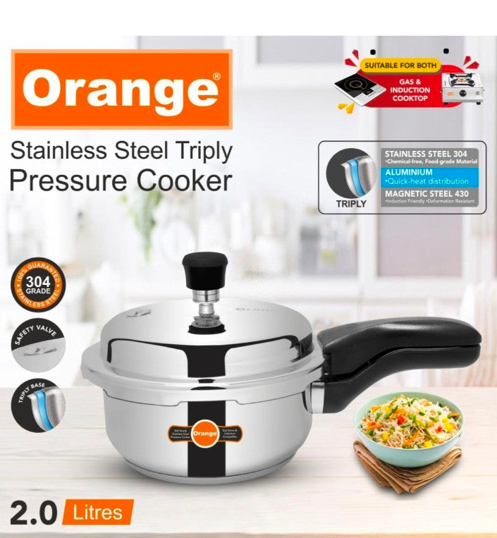 Orange Triply Stainless Steel Outer Lid Pressure Cooker Combo Set of 2 with glass lid,3+2L | Induction Friendly | 5 Year Warranty | Silver