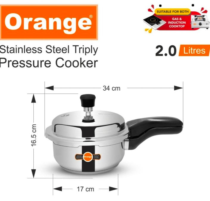 Orange Triply Stainless Steel Outer Lid Pressure Cooker Combo Set of 2 with glass lid,3+2L | Induction Friendly | 5 Year Warranty | Silver