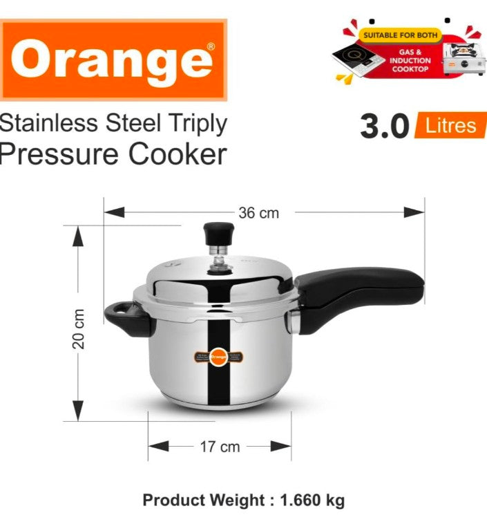 Orange Triply Stainless Steel Outer Lid Pressure Cooker Combo Set of 2 with glass lid,3+2L | Induction Friendly | 5 Year Warranty | Silver