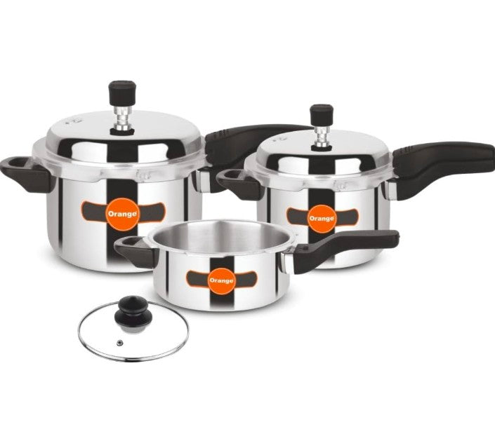 Orange Triply Stainless Steel Outer Lid Pressure Cooker Combo Set of 3 with glass lid,2L, 3L & 5L | Induction Friendly | 5 Year Warranty | Silver