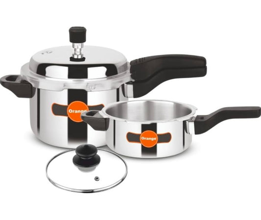 Orange Triply Stainless Steel Outer Lid Pressure Cooker Combo Set with glass lid, 3.5L & 5L | Induction Friendly | 5 Year Warranty | Silver