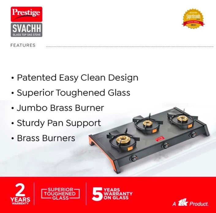 Prestige Svachh Black Glass Top Gas Stove (3 Burners) with Liftable Burners - GTSB-03