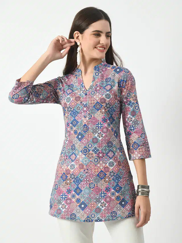 Cotton Printed Short Kurti for Women (Blue, S)