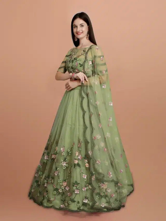 Net Embroidred Semi Stiched Lehenga Choli for Women (Green)