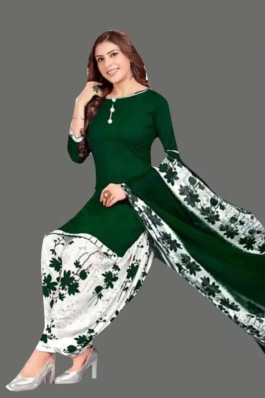 Crepe Printed Dress Material for Women & Girls (White & Green)