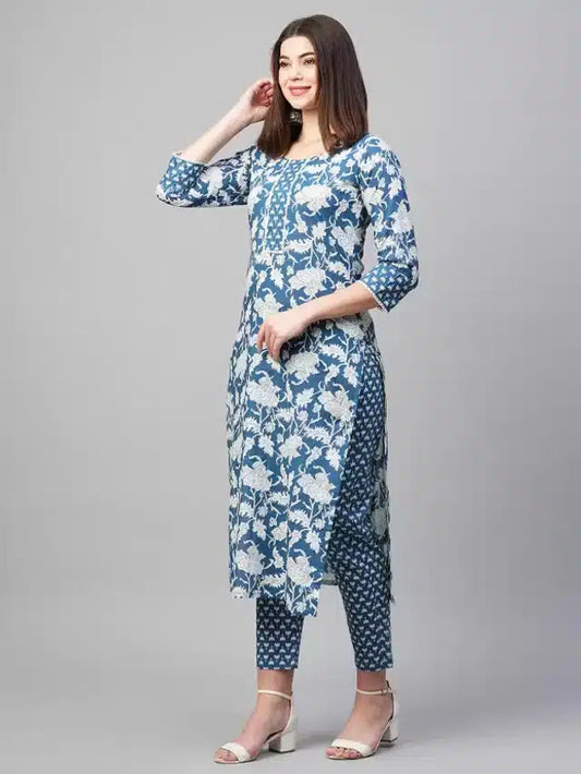 Viscose Rayon Printed Kurta Set for Women (Blue, S )