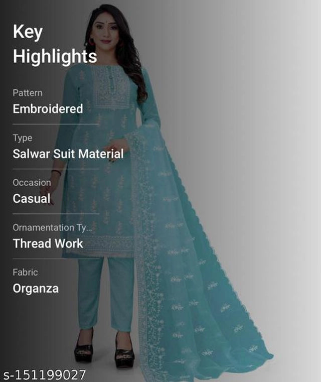 Organza Embroidered Unstitched Suit for Women (Sky Blue)