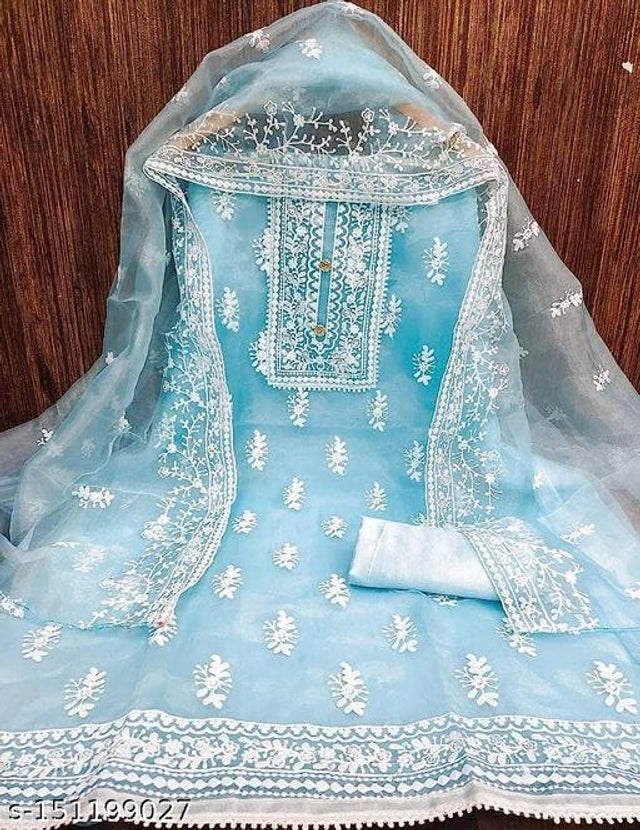 Organza Embroidered Unstitched Suit for Women (Sky Blue)