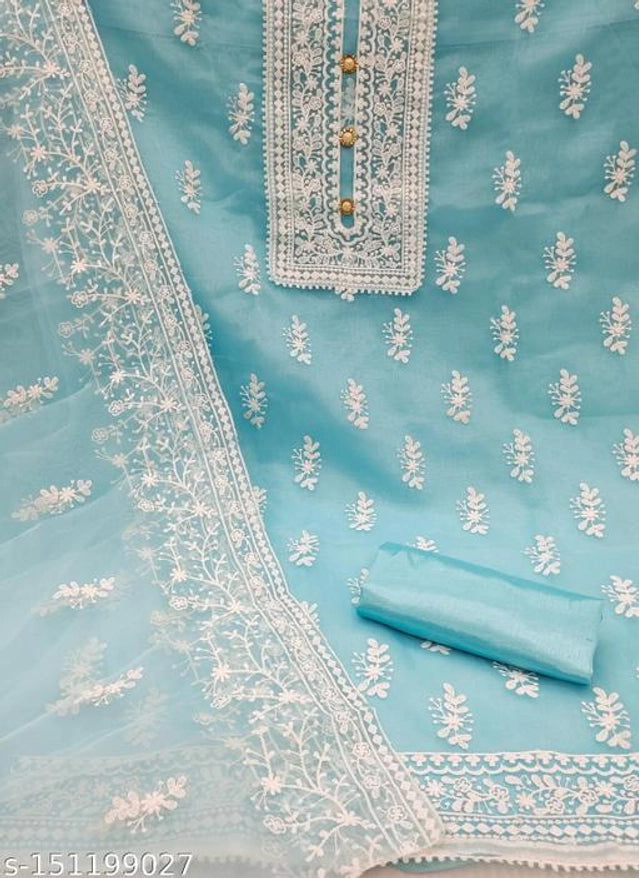 Organza Embroidered Unstitched Suit for Women (Sky Blue)