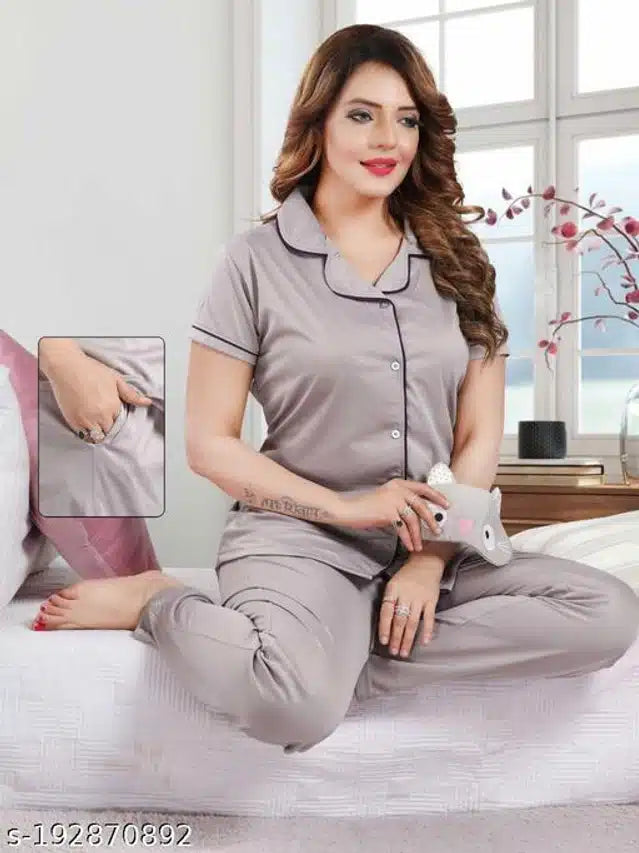 Satin Nightsuit for Women (Grey, M)