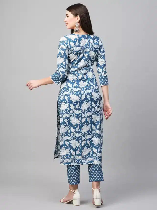 Viscose Rayon Printed Kurta Set for Women (Blue, S )