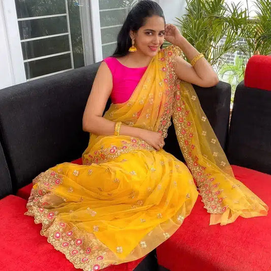 Net Saree for Women (Yellow, 6.3 m)