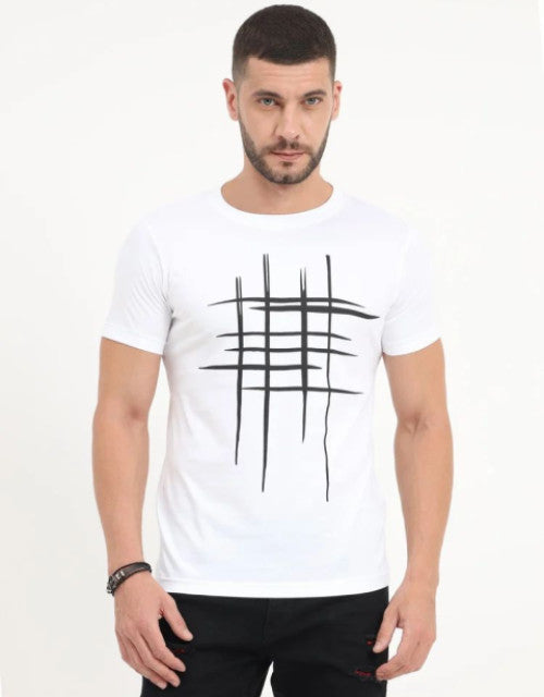 Men Printed Round Neck Organic Cotton White T-Shirt