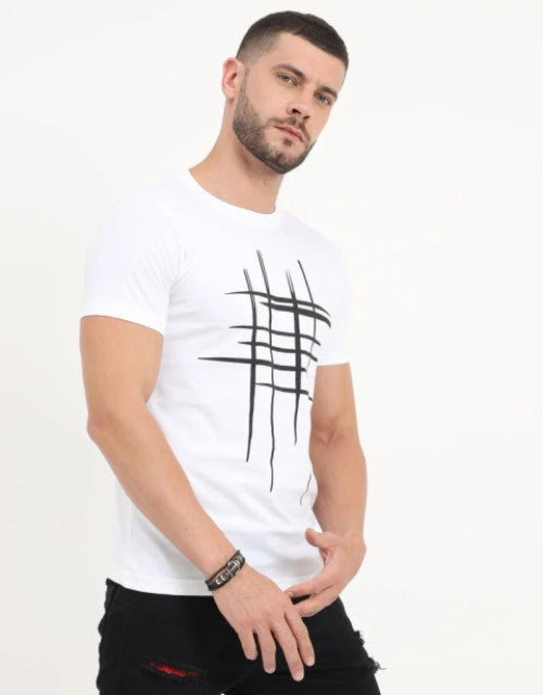 Men Printed Round Neck Organic Cotton White T-Shirt