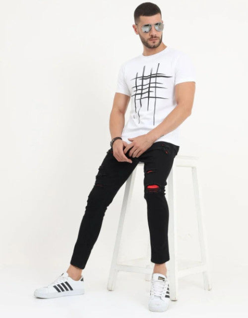 Men Printed Round Neck Organic Cotton White T-Shirt