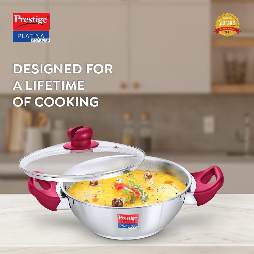 Prestige Platina Popular Stainless Steel Gas and Induction Compatible Kadai with Glass Lid